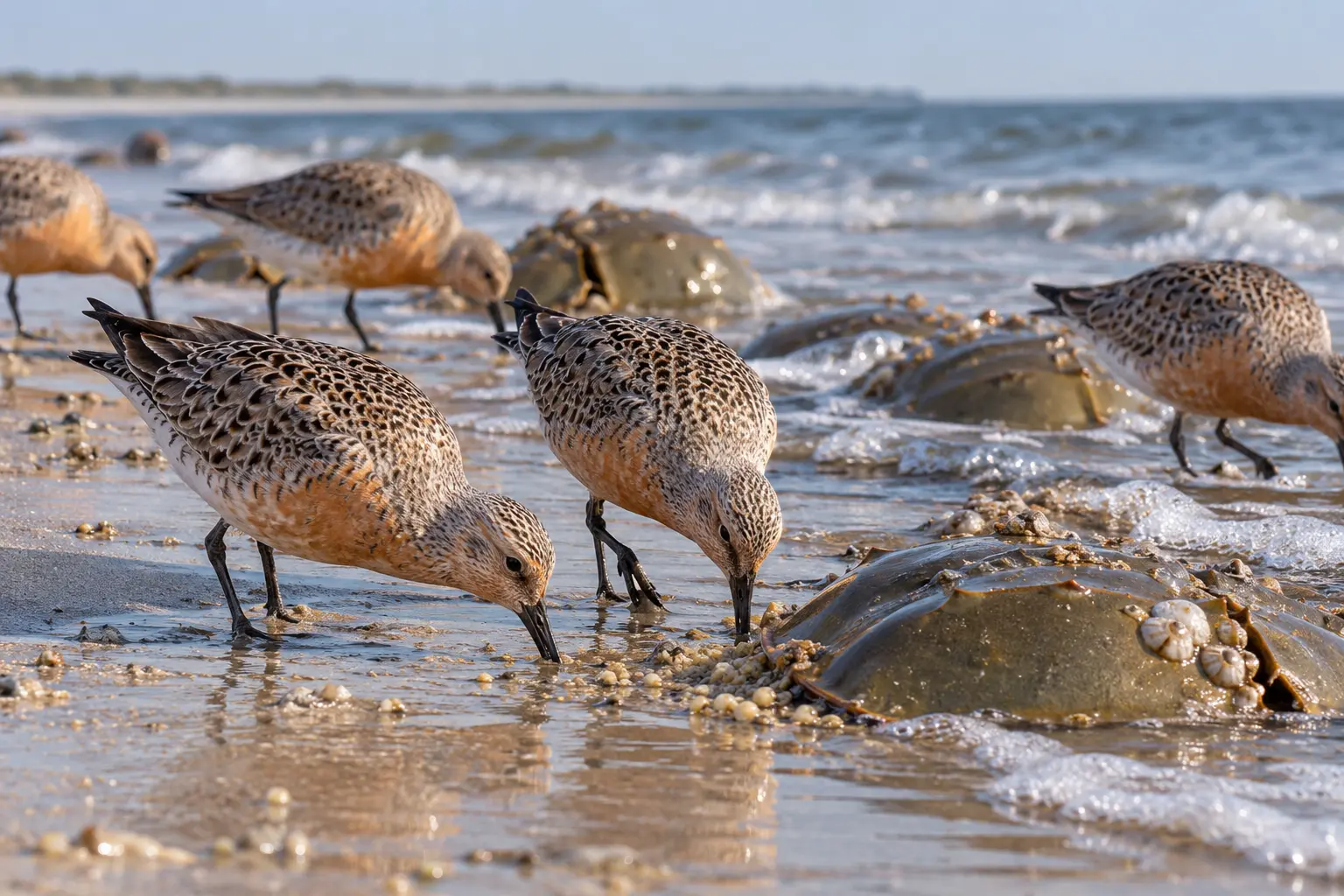 Editorial illustration of red knots feeding along a shoreline near horseshoe crabs