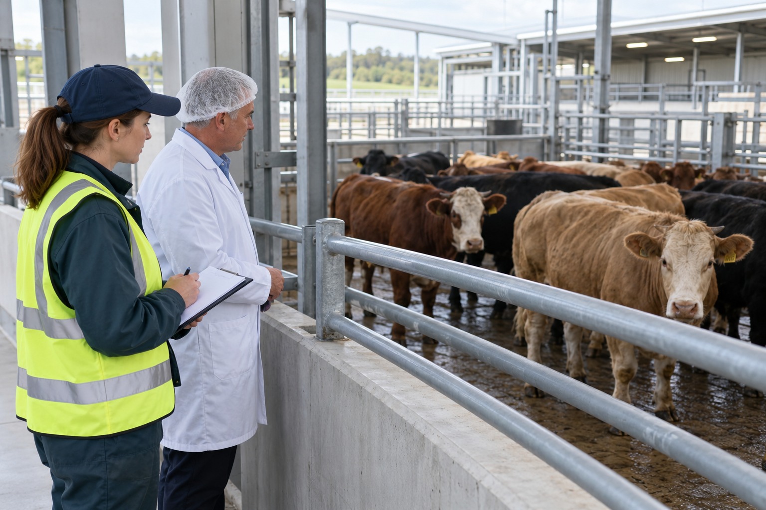 Veterinarian and welfare inspector observe cattle in a regulated holding area