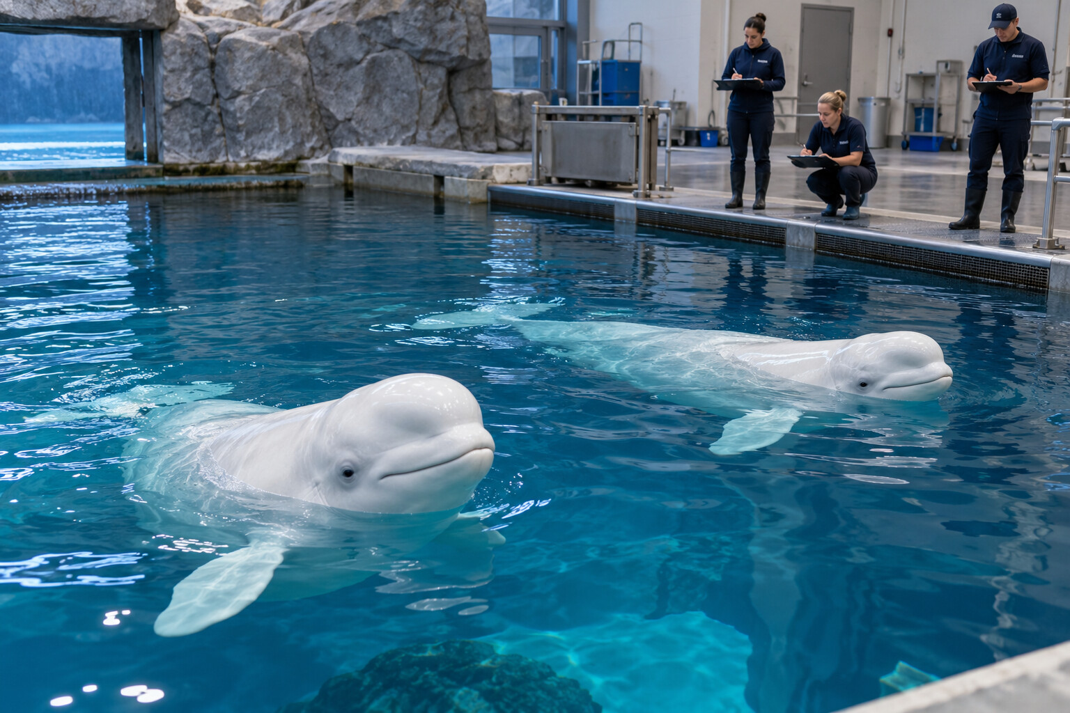 Editorial reconstruction of two relocated belugas receiving veterinary observation at an aquarium.