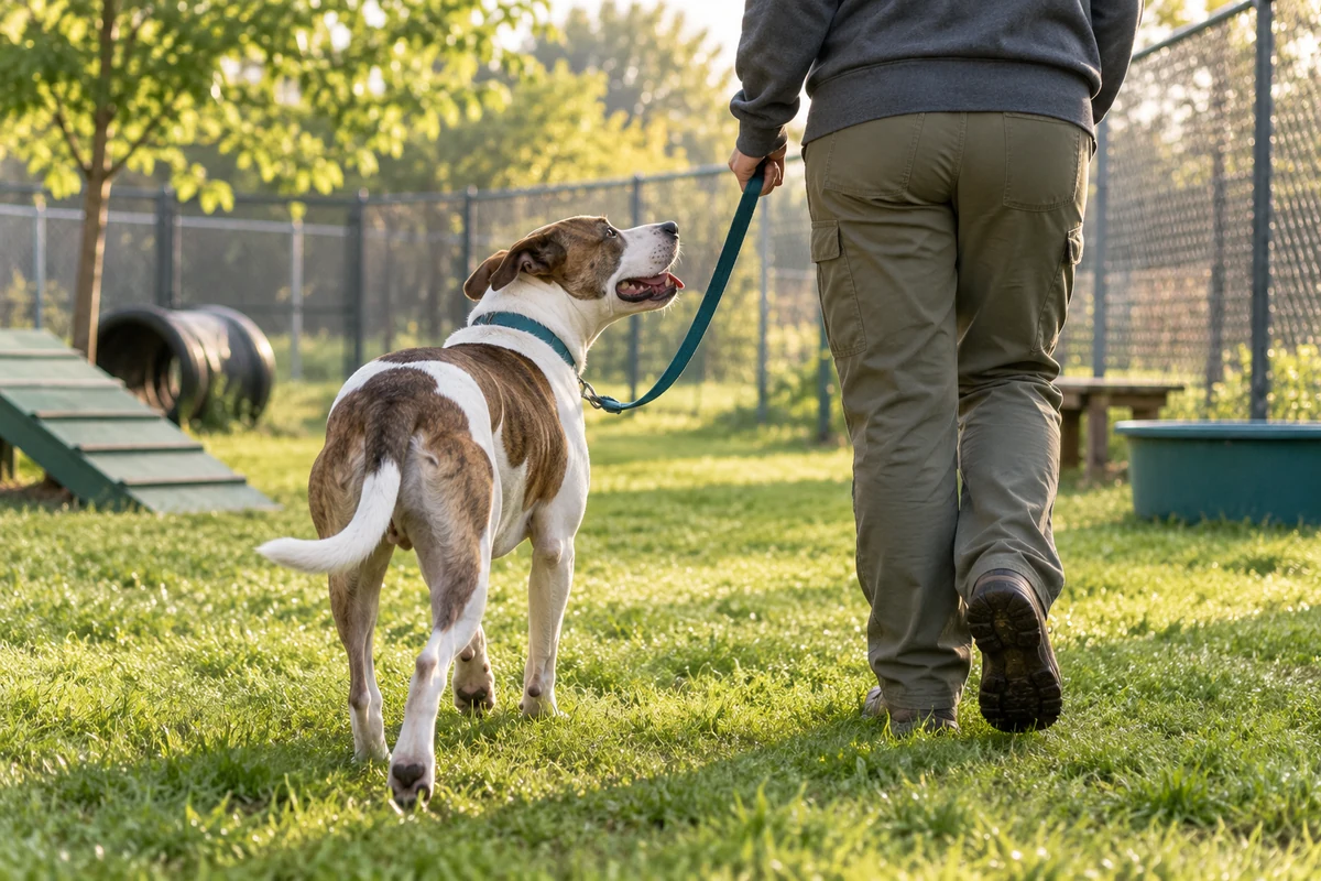 A recovered dog walking with a shelter caregiver in a secure exercise yard