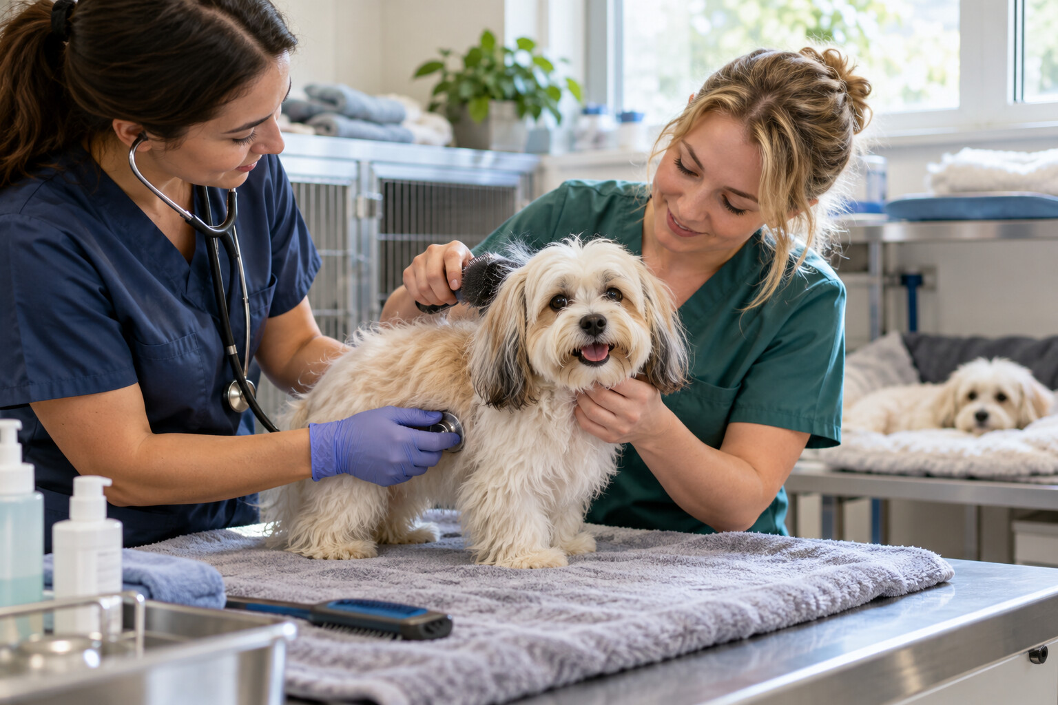 Veterinary staff examining and grooming a rescued small dog