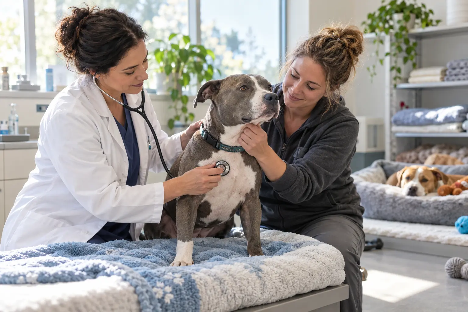 A veterinarian examines a rescued dog while a shelter worker provides reassurance