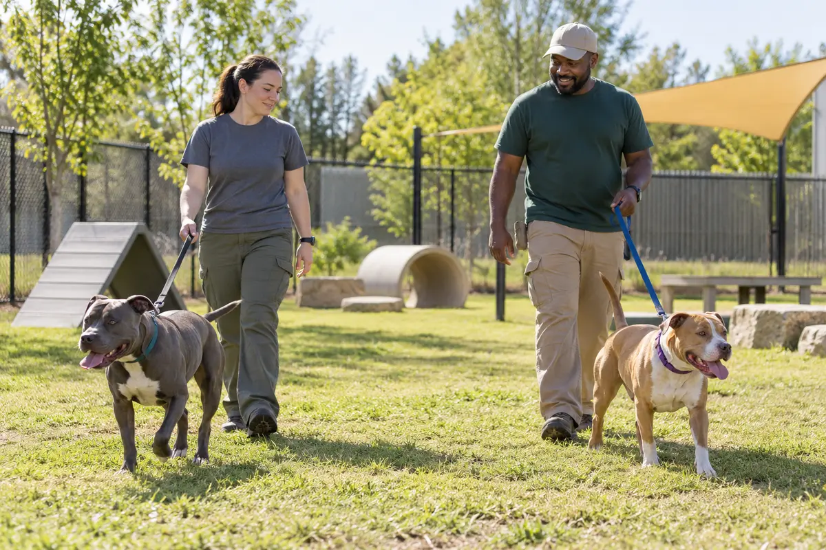 Two healthy pit-bull-type dogs walking separately with shelter caregivers