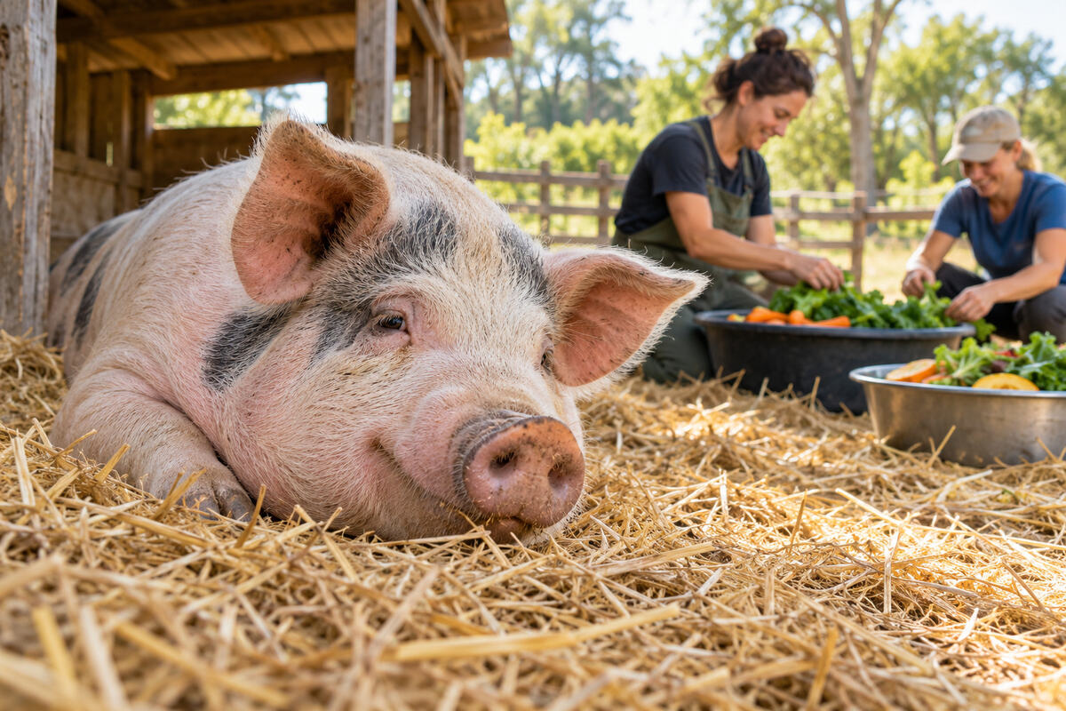 Editorial reconstruction of a rescued pig resting in straw while sanctuary volunteers prepare vegetables.