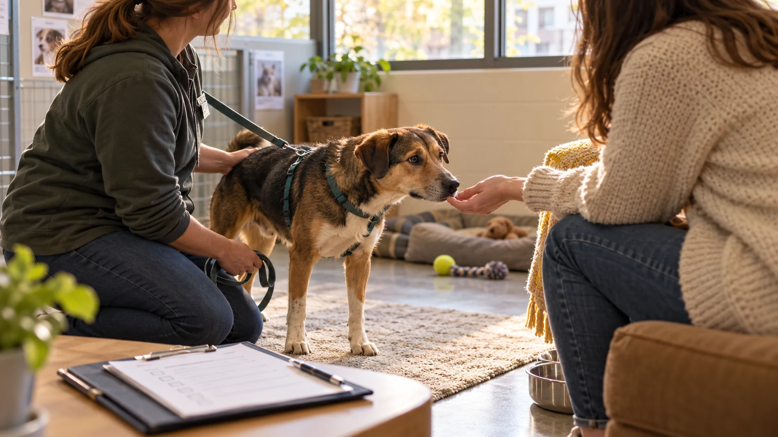 Shelter volunteer introduces a rescued dog to a prospective adopter
