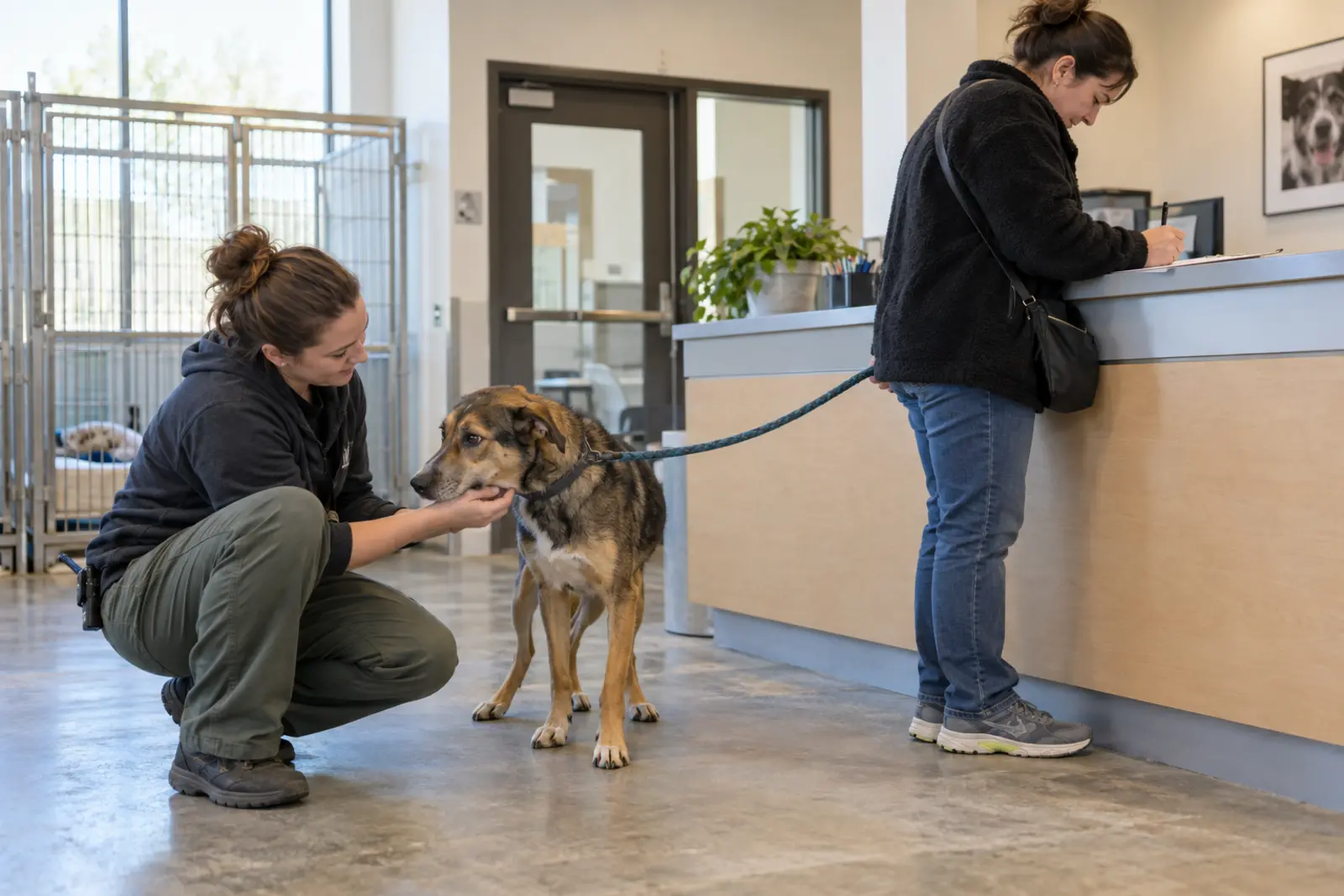 A shelter worker safely receives a dog while its owner completes surrender paperwork