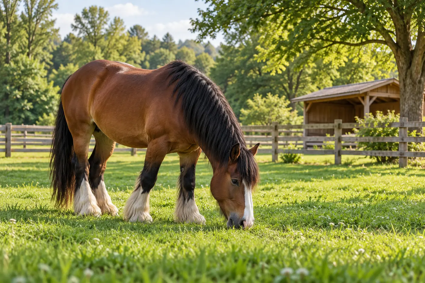 A horse grazing peacefully in a spacious paddock