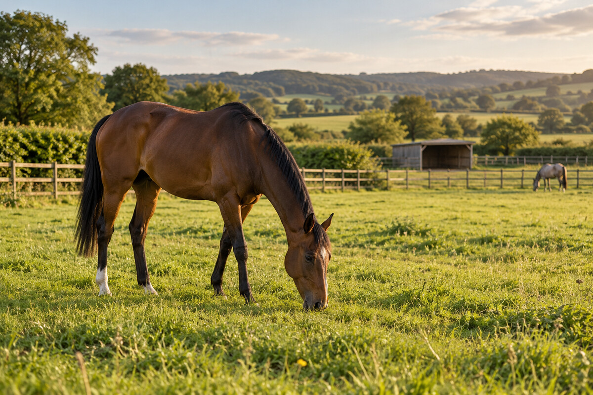 A retired thoroughbred grazing peacefully in a British pasture