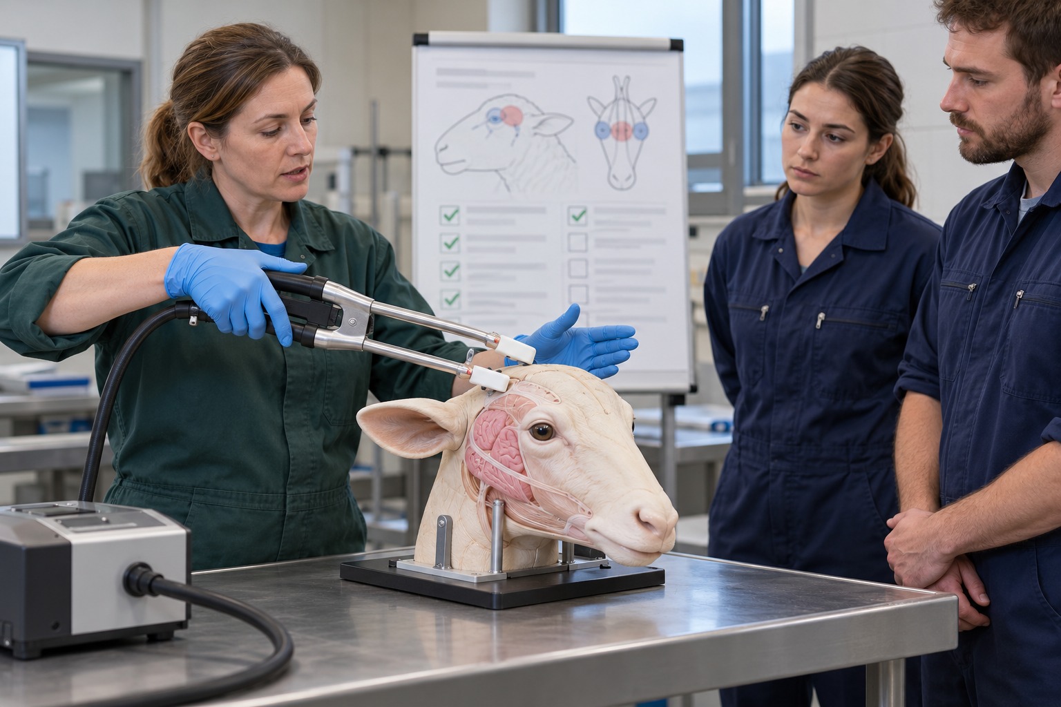 Veterinarian demonstrates stunning equipment on an anatomical training model