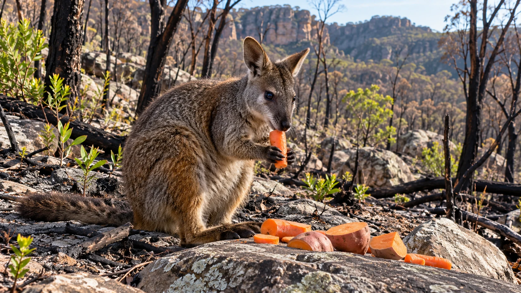 A brush-tailed rock-wallaby eats supplementary carrots and sweet potato in recovering fire-affected habitat.