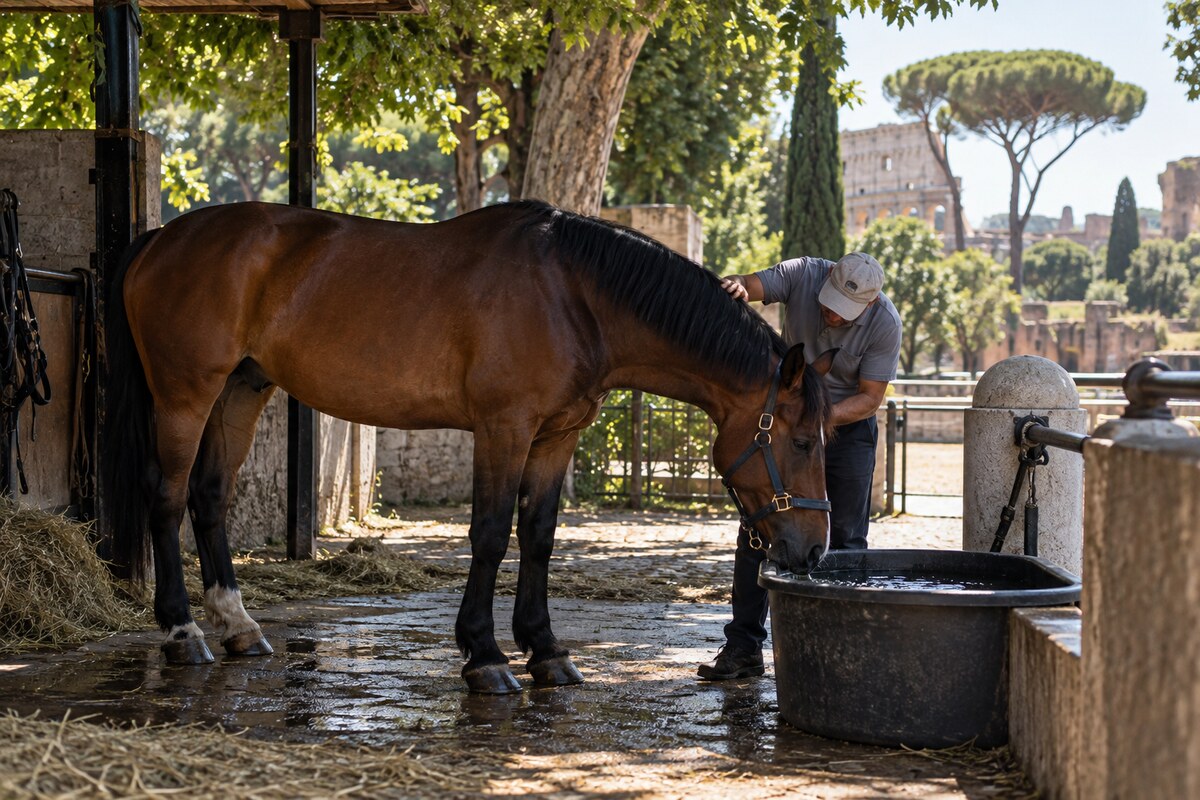 Editorial reconstruction of a carriage horse resting in shade with water during summer heat in Rome