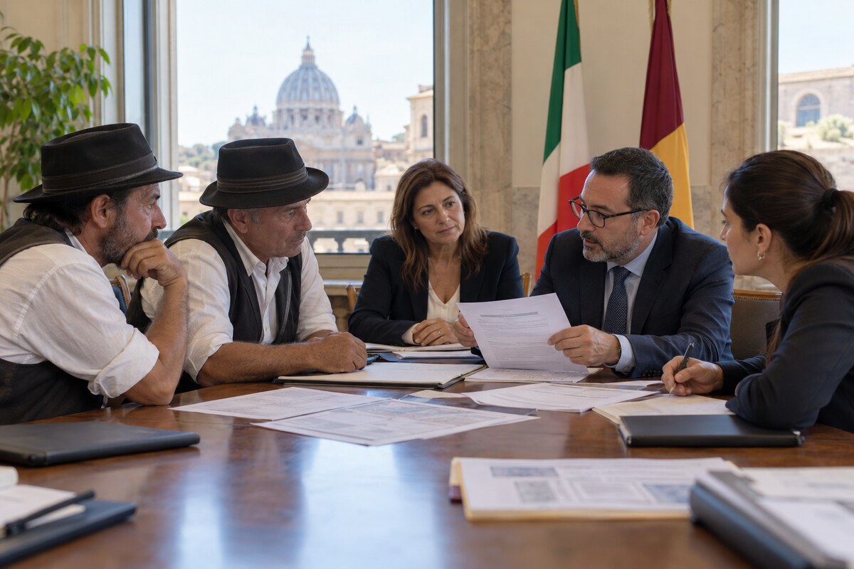 Editorial reconstruction of carriage operators and city officials discussing licence conversion in Rome