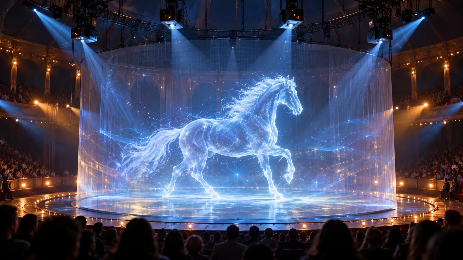 Virtual horse projected onto a transparent screen in a circus ring