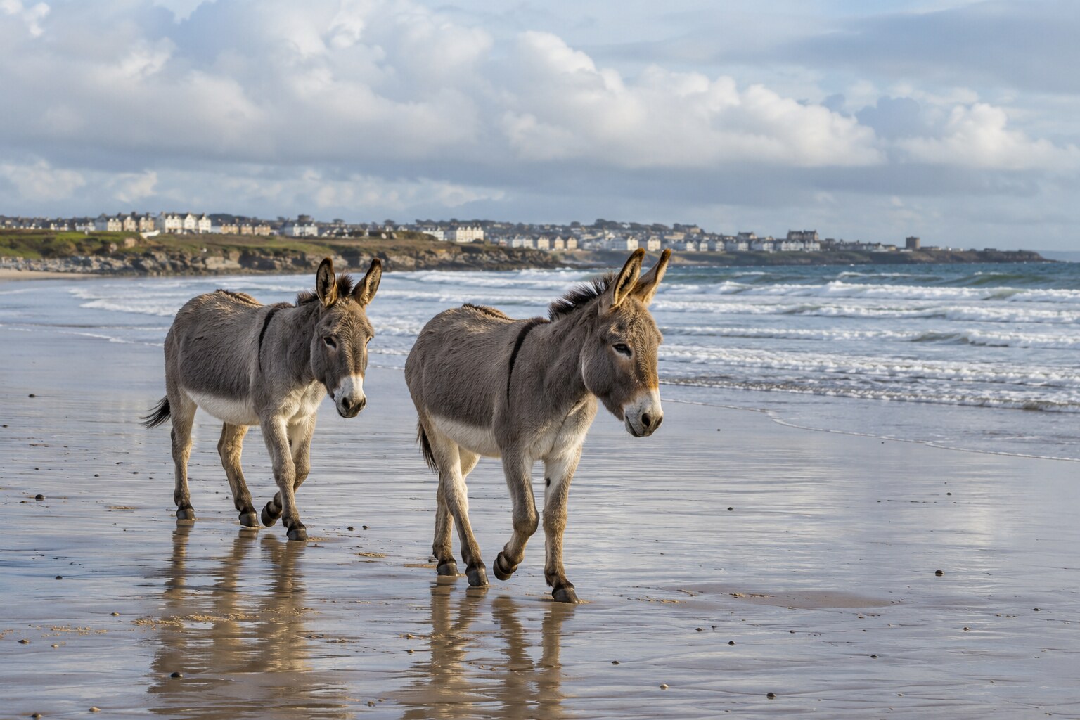 Two donkeys walking freely along a Welsh beach