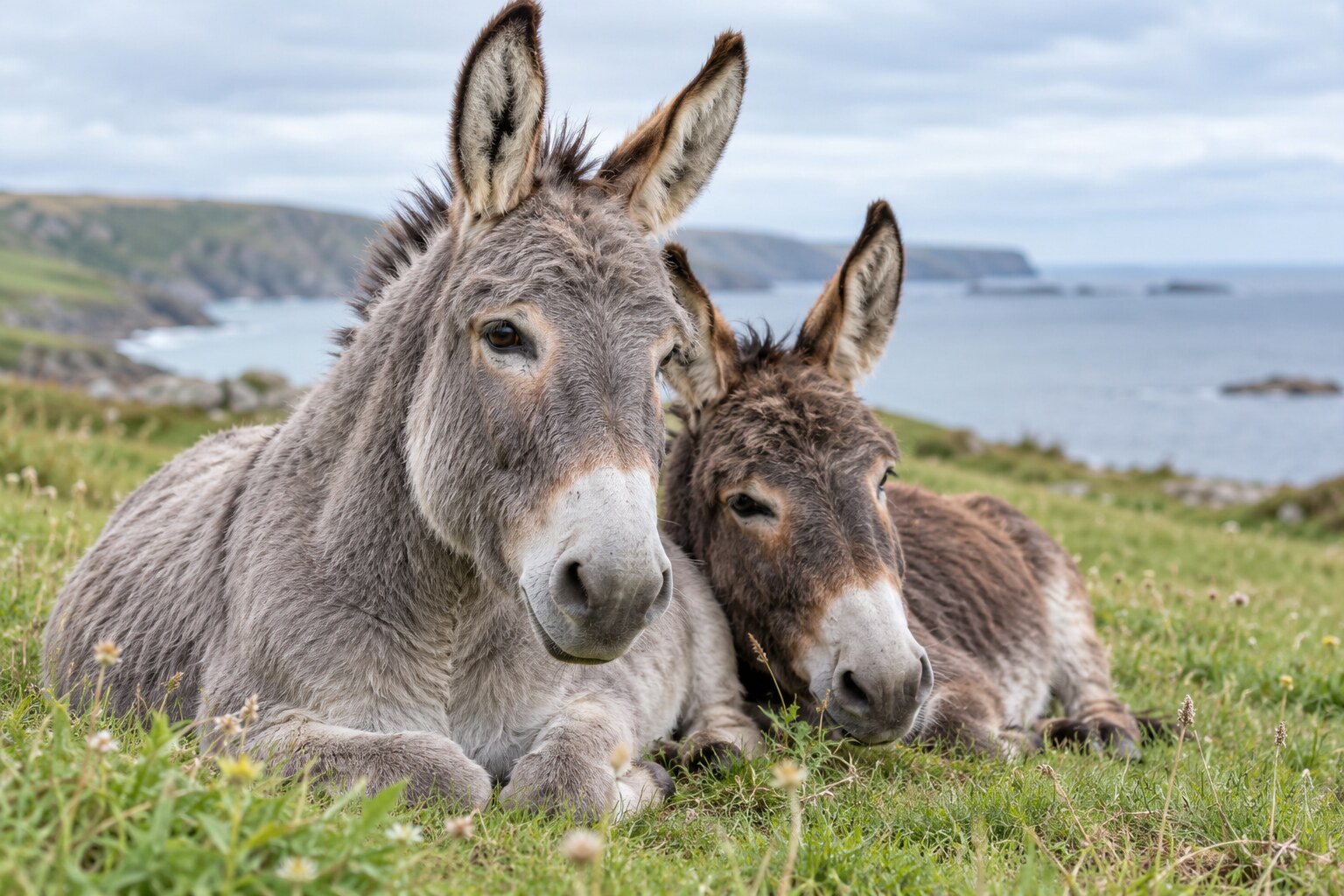 Two donkeys resting together in a grassy coastal setting