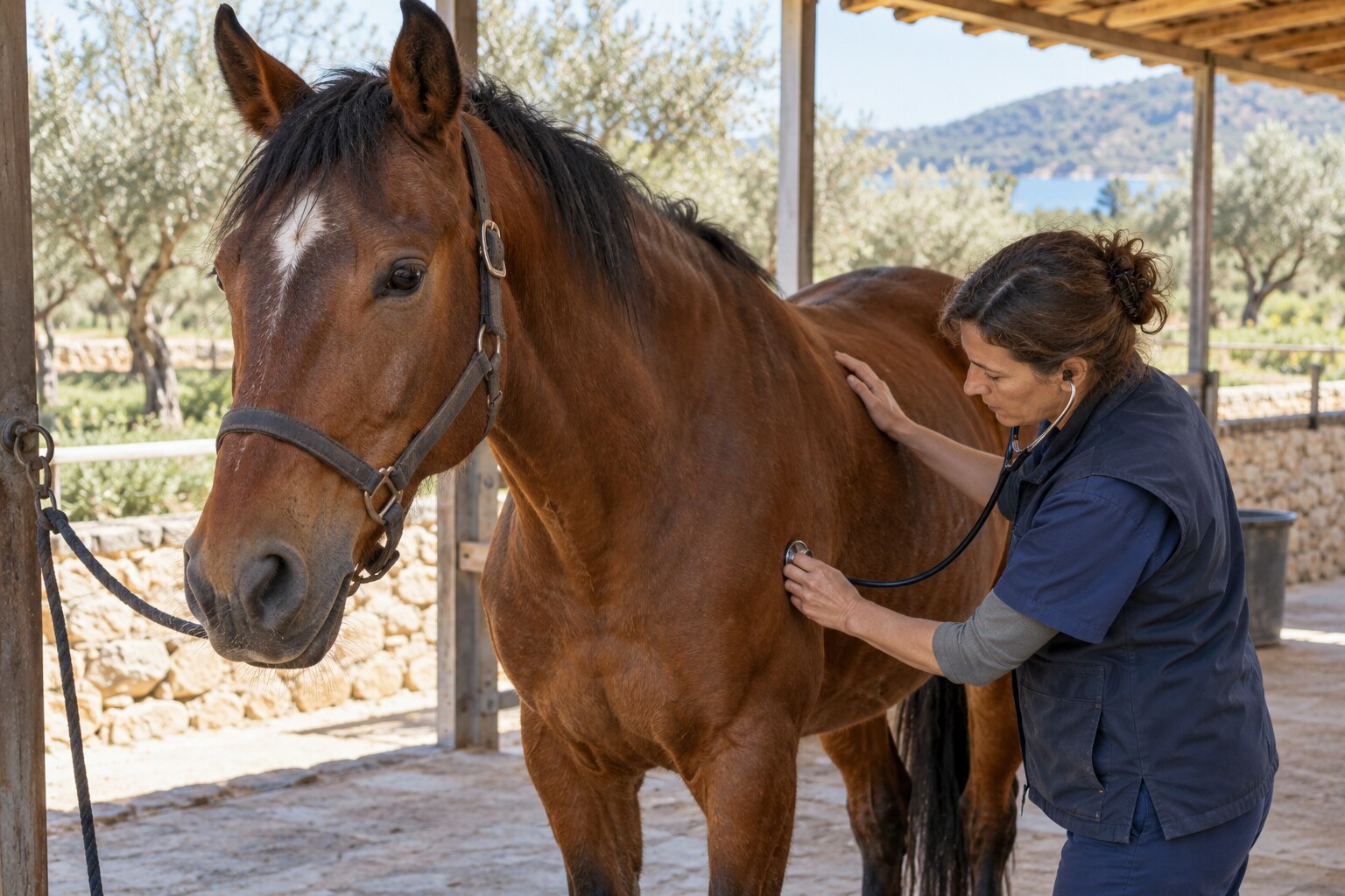 A veterinarian gently examining an older horse