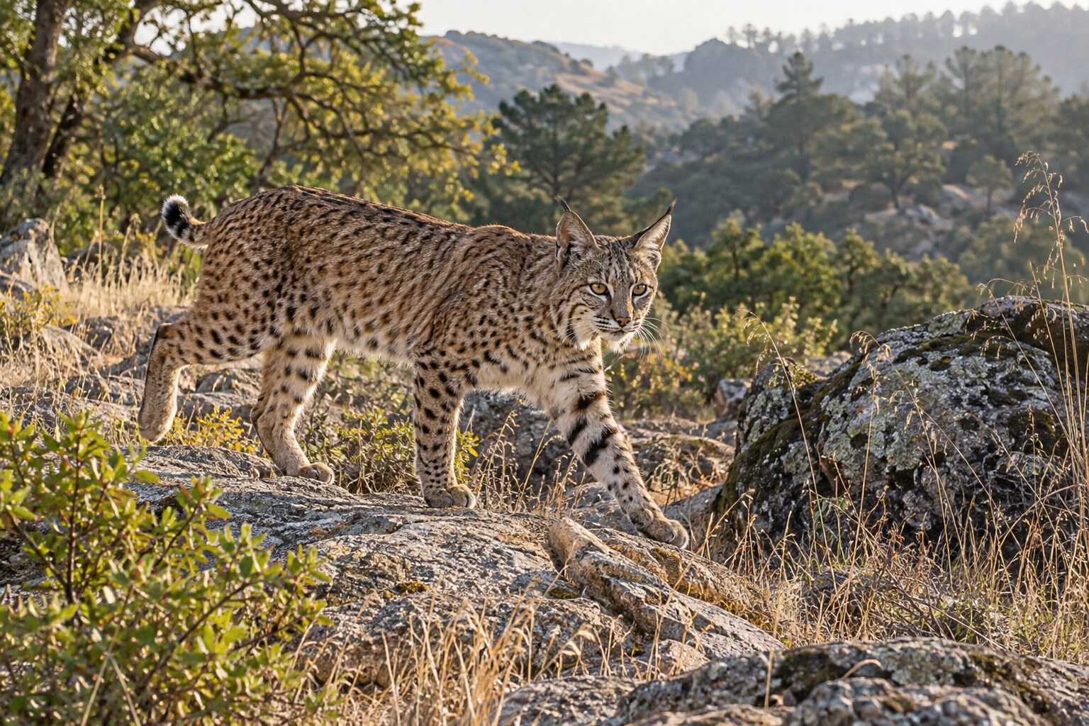 A bobcat walking through rocky California foothills