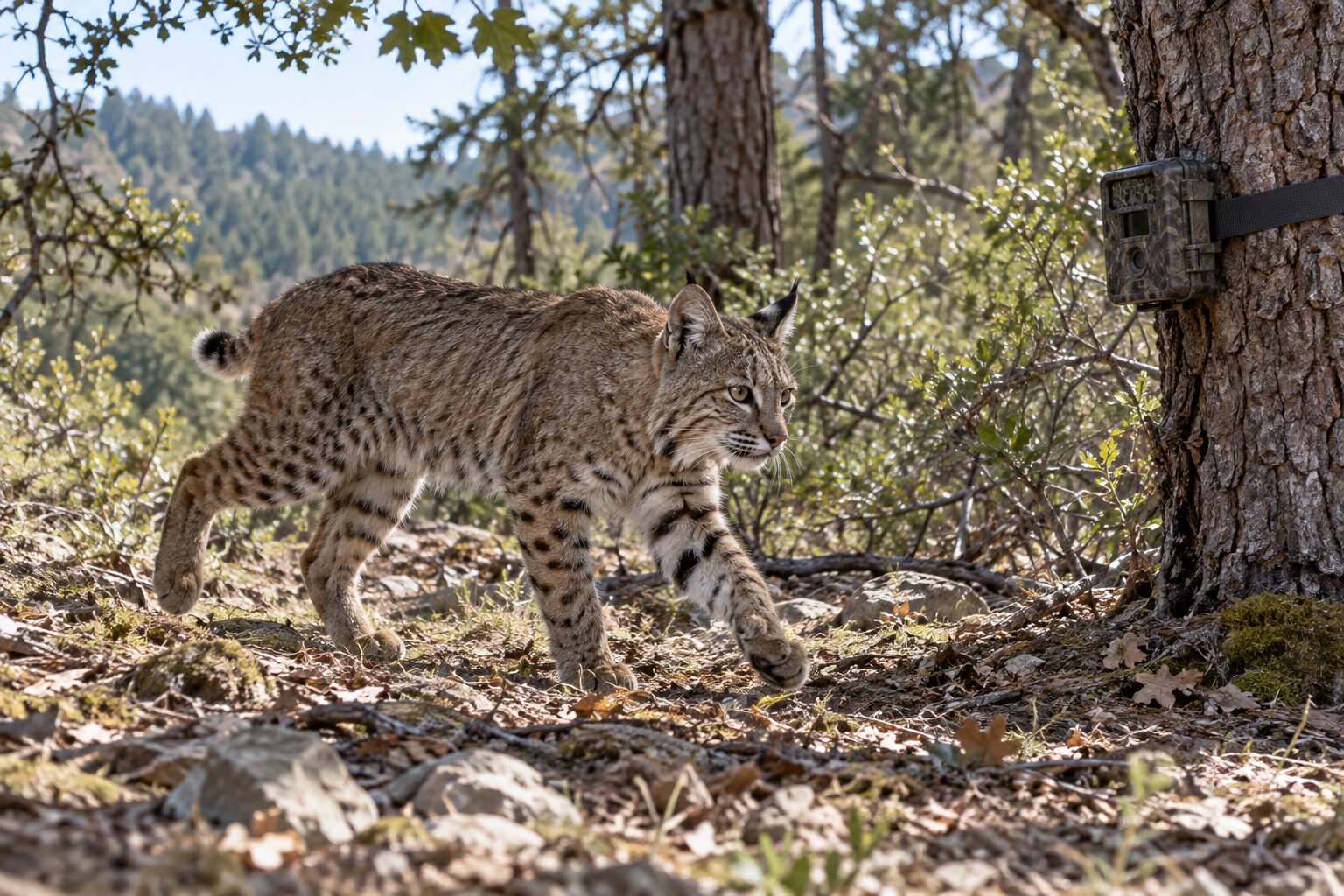 A bobcat passing a trail camera in California woodland