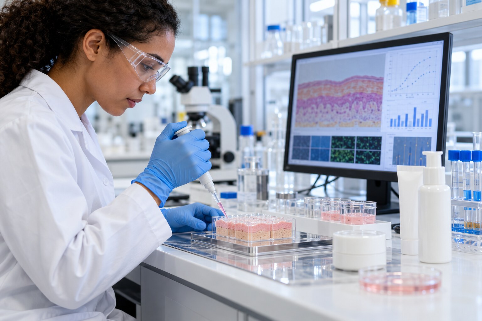 Editorial reconstruction of a scientist using reconstructed human skin tissue for non-animal cosmetic safety testing.