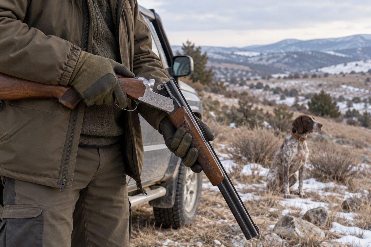 Hunter holding an open break-action shotgun in a safe direction while a dog sits several meters away.