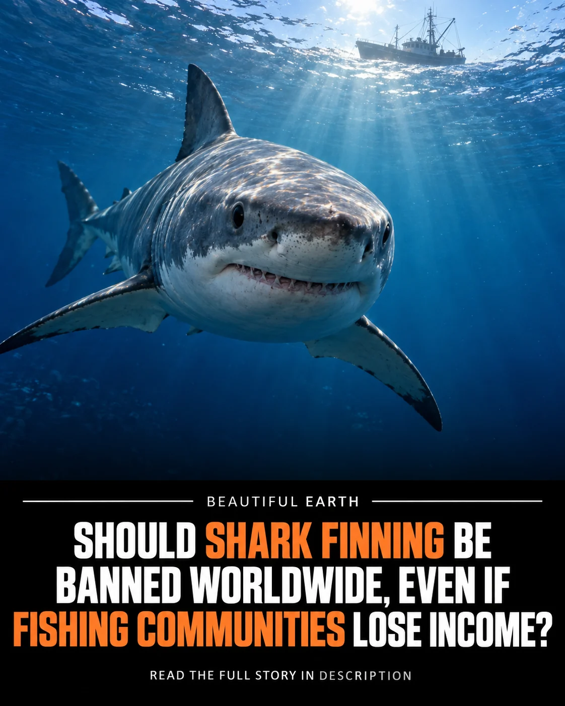 A shark swimming below a fishing vessel with a question about a global shark-finning ban