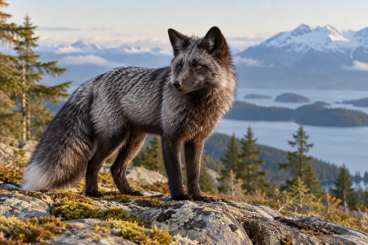 A healthy silver fox standing in a cool mountain habitat