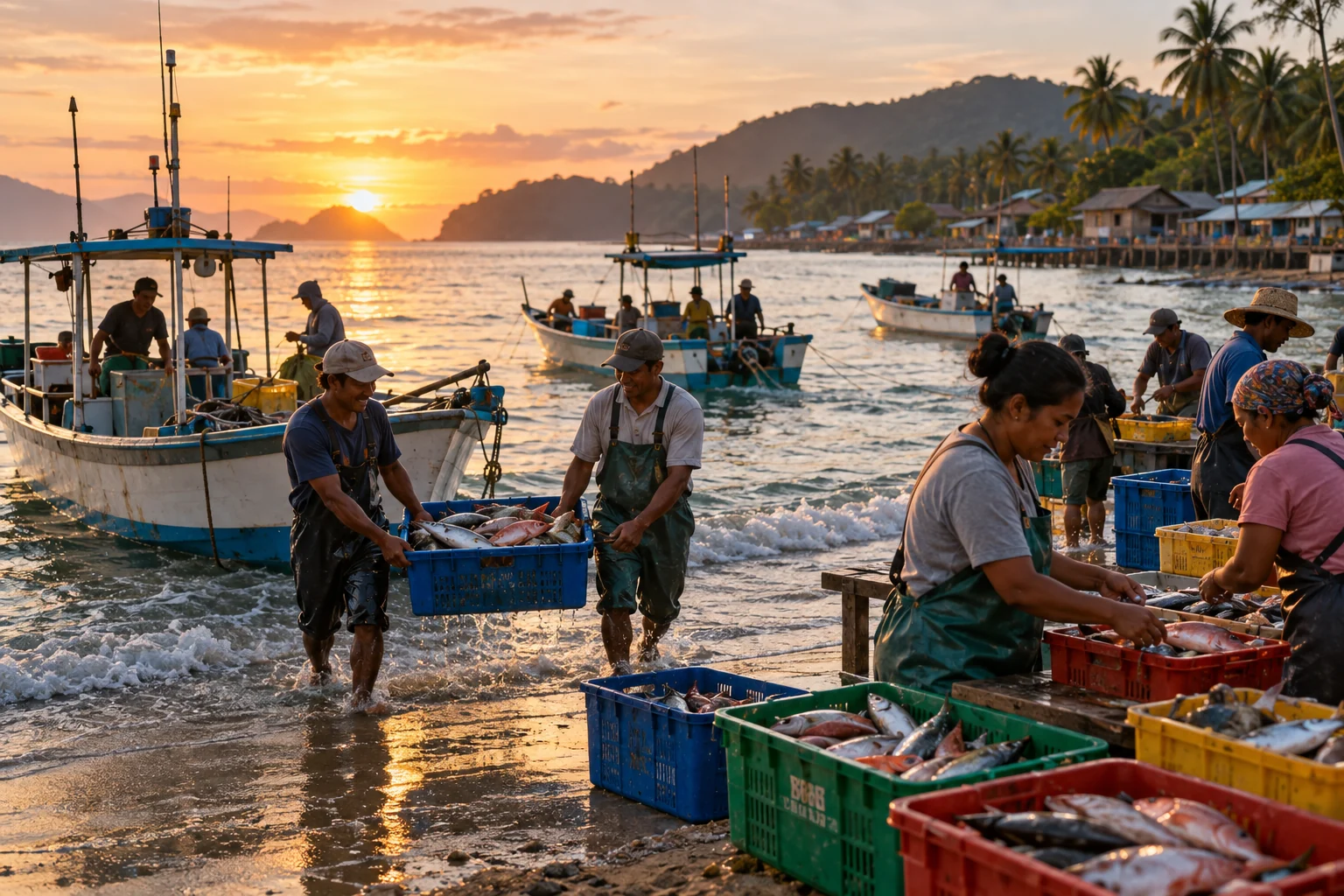 Small-scale fishers landing a mixed legal catch in a coastal village
