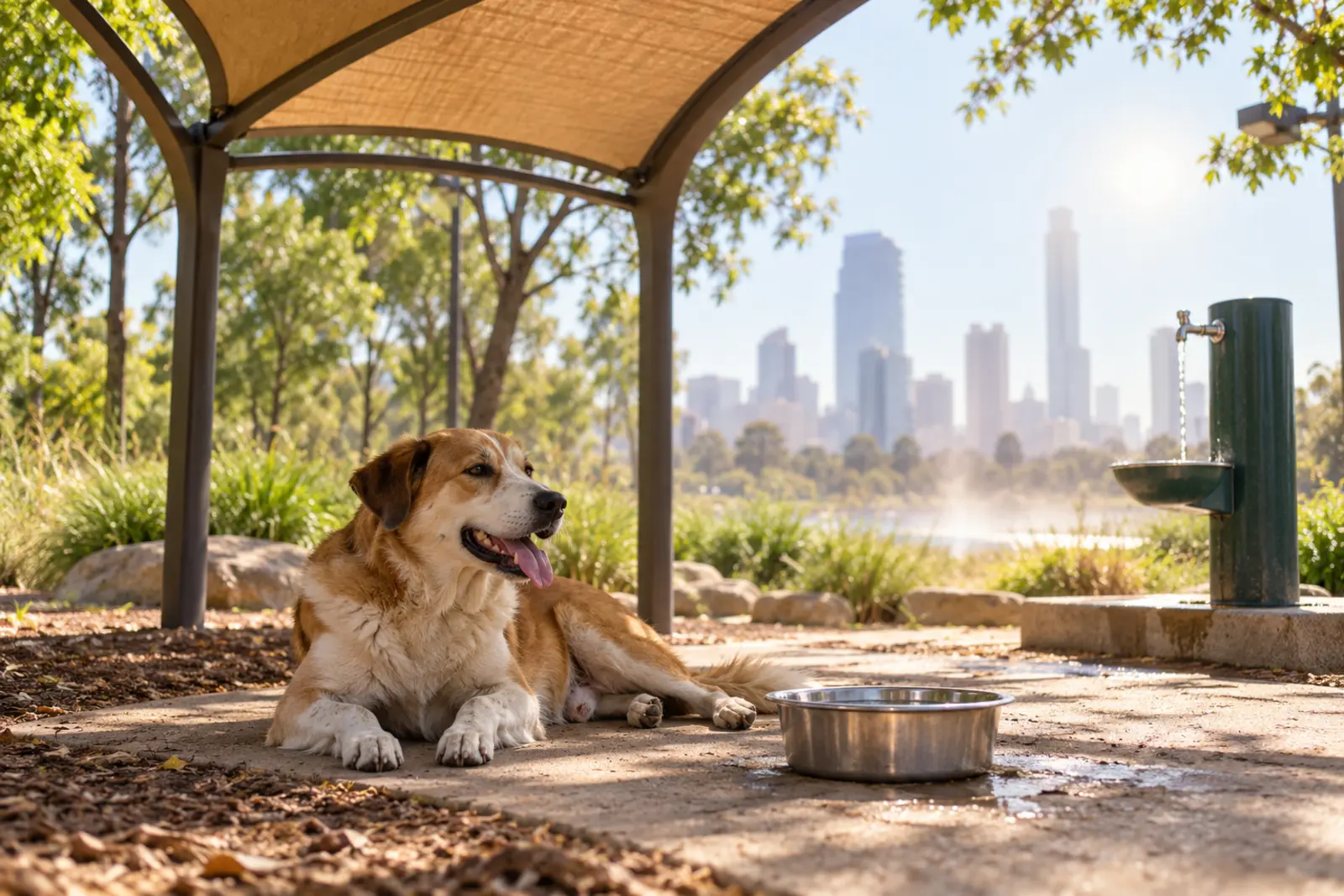 A community dog resting beneath a shaded canopy with fresh water