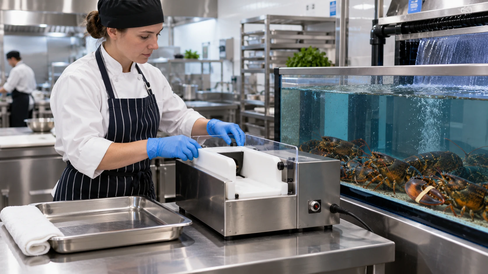 A trained kitchen worker prepares a purpose-built electrical crustacean stunning unit beside a lobster tank.