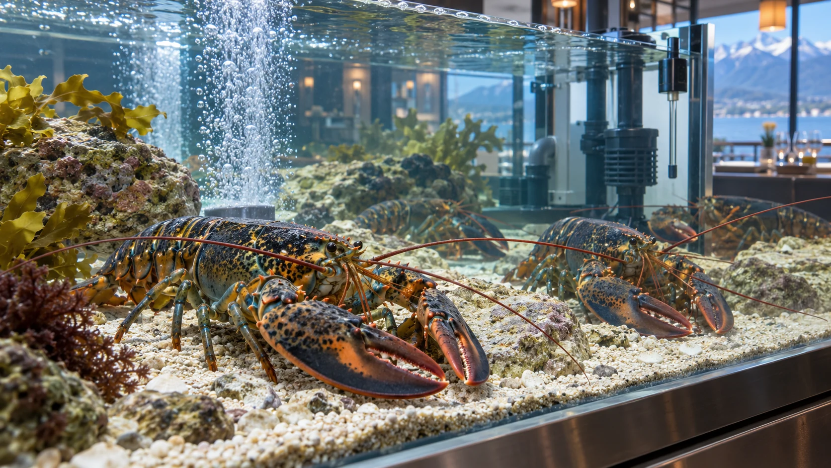 Live lobsters housed in a spacious, well-aerated saltwater aquarium.