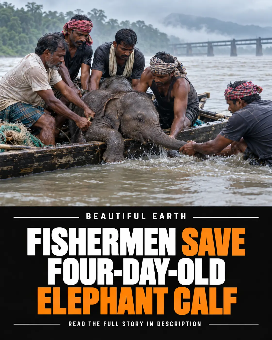 Five fishermen rescue a four-day-old elephant calf from the Teesta River