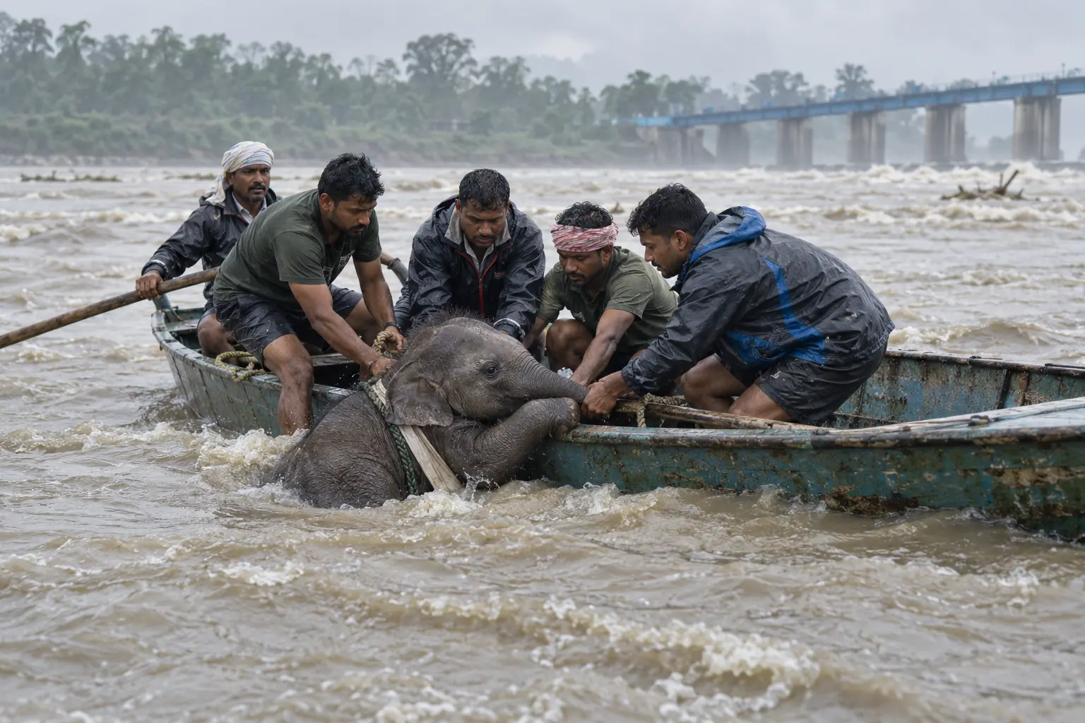 Five fishermen pull a newborn Asian elephant calf from the Teesta River