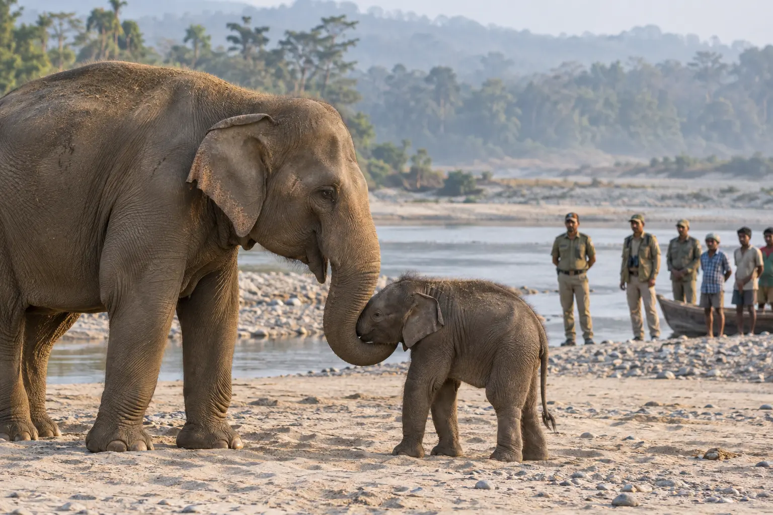 A rescued Asian elephant calf reunites with its mother beside the Teesta River
