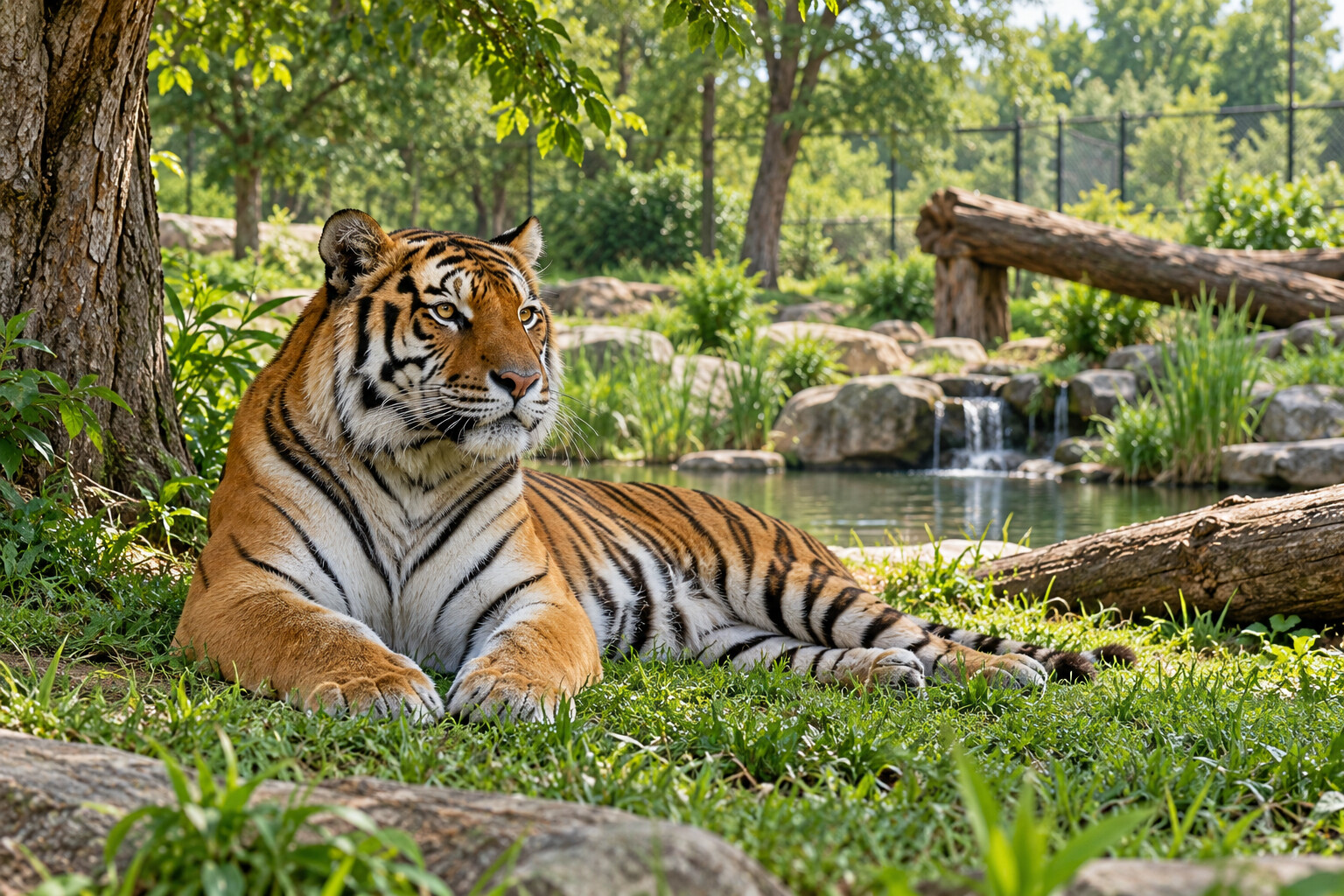 Tiger resting in a spacious sanctuary-style habitat