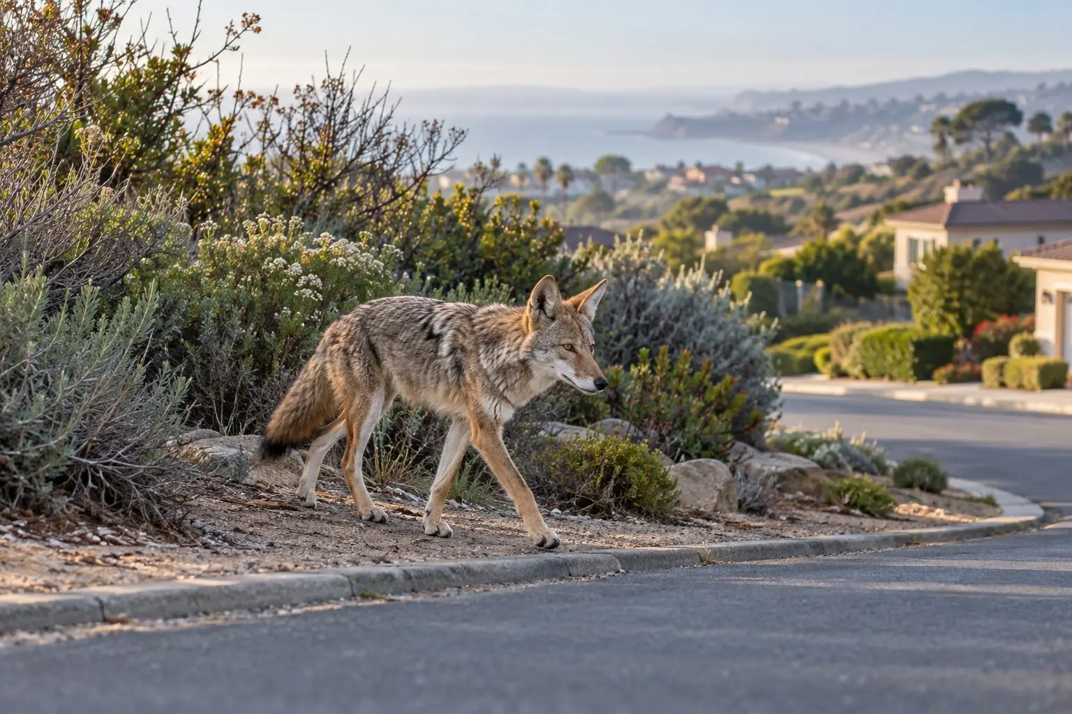 A coyote walks along the edge of a Southern California neighborhood.