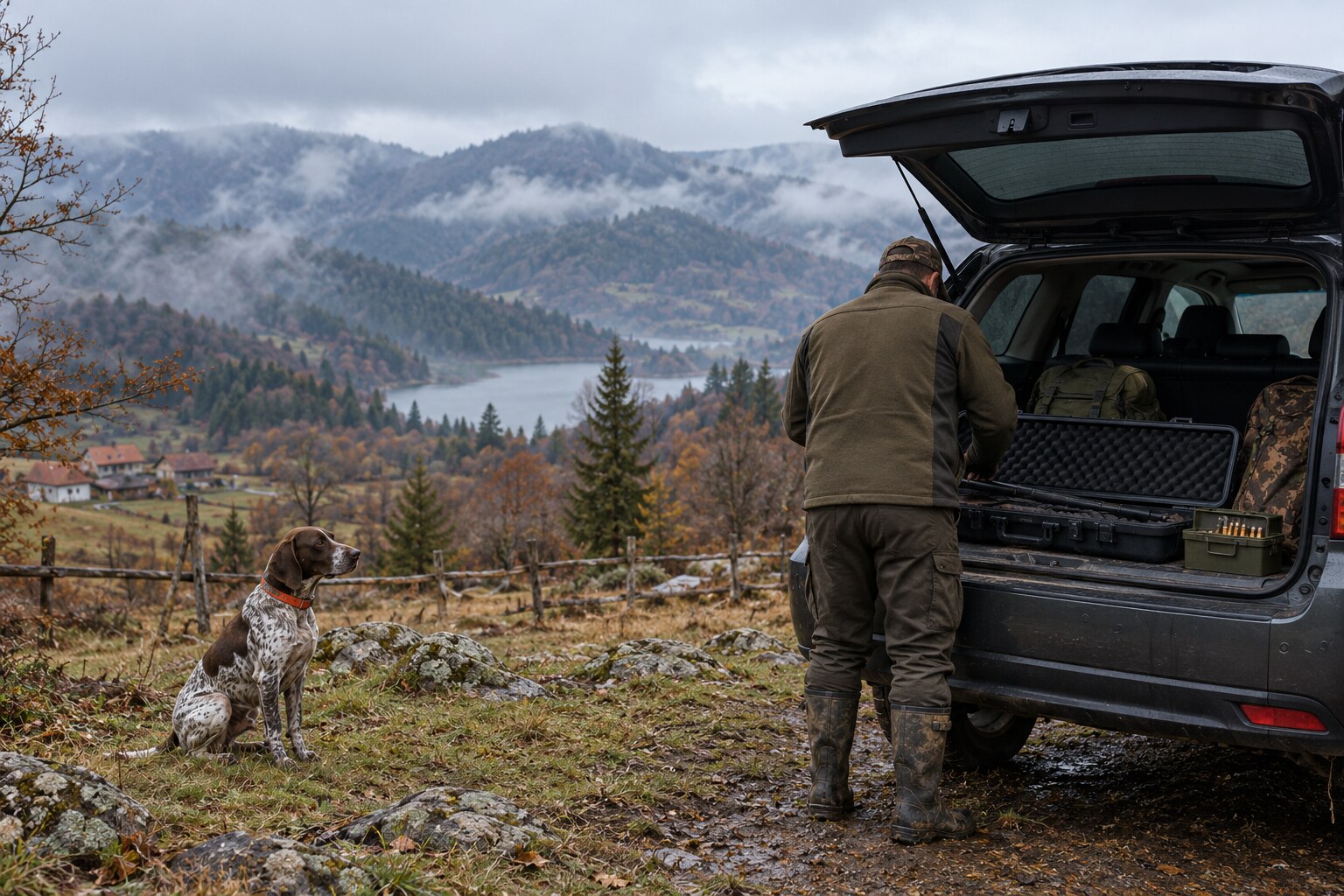 Editorial reconstruction showing a hunter packing gear while a dog waits away from a secured firearm case