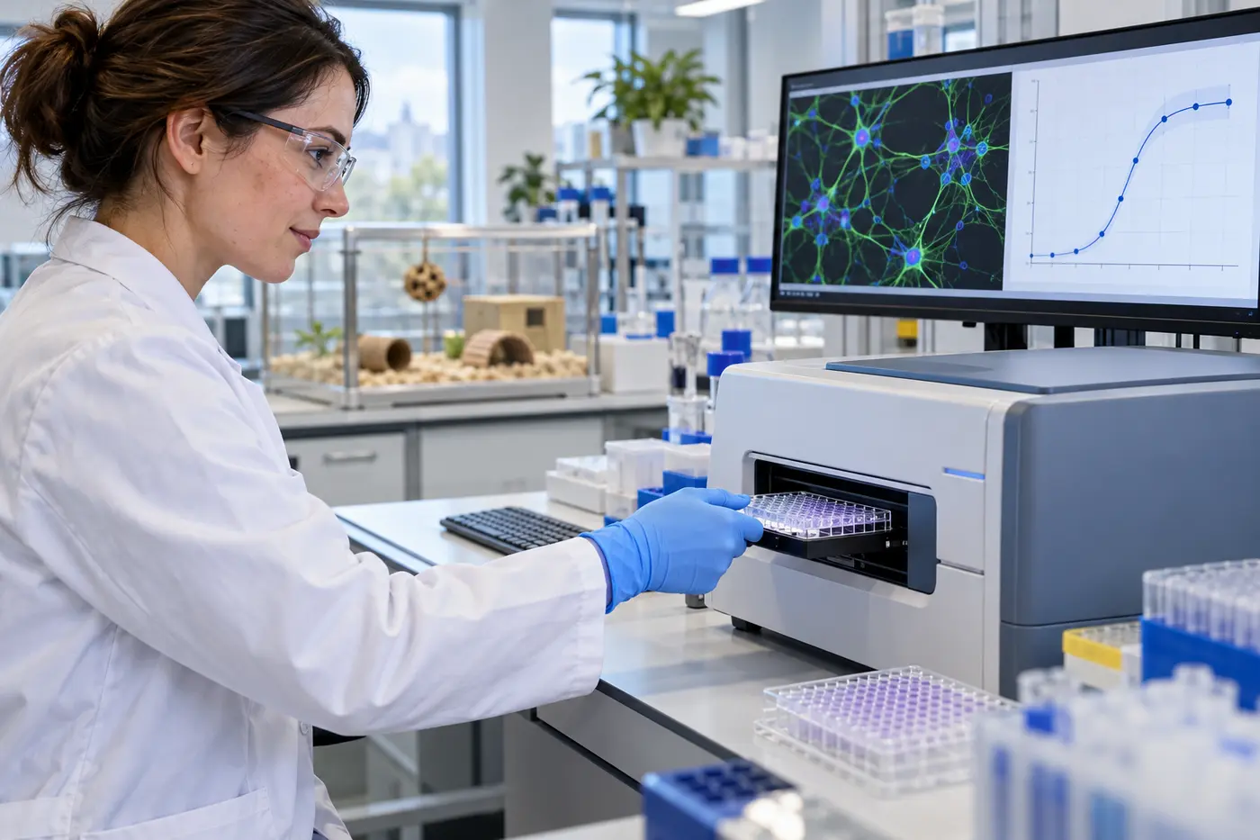 Scientist operating an automated cell-based assay in a modern laboratory