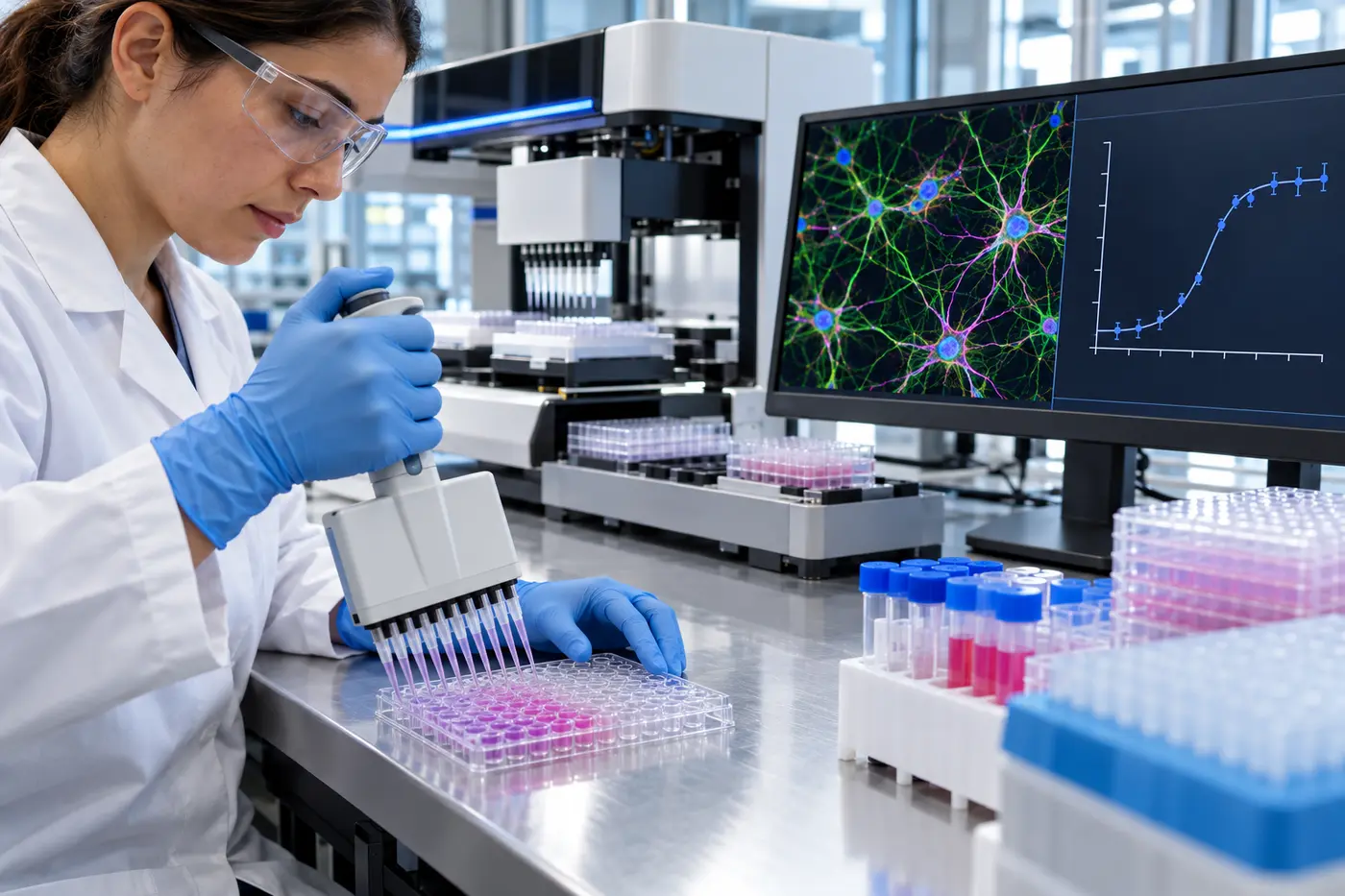 Scientist using a multichannel pipette for a cell-based potency assay