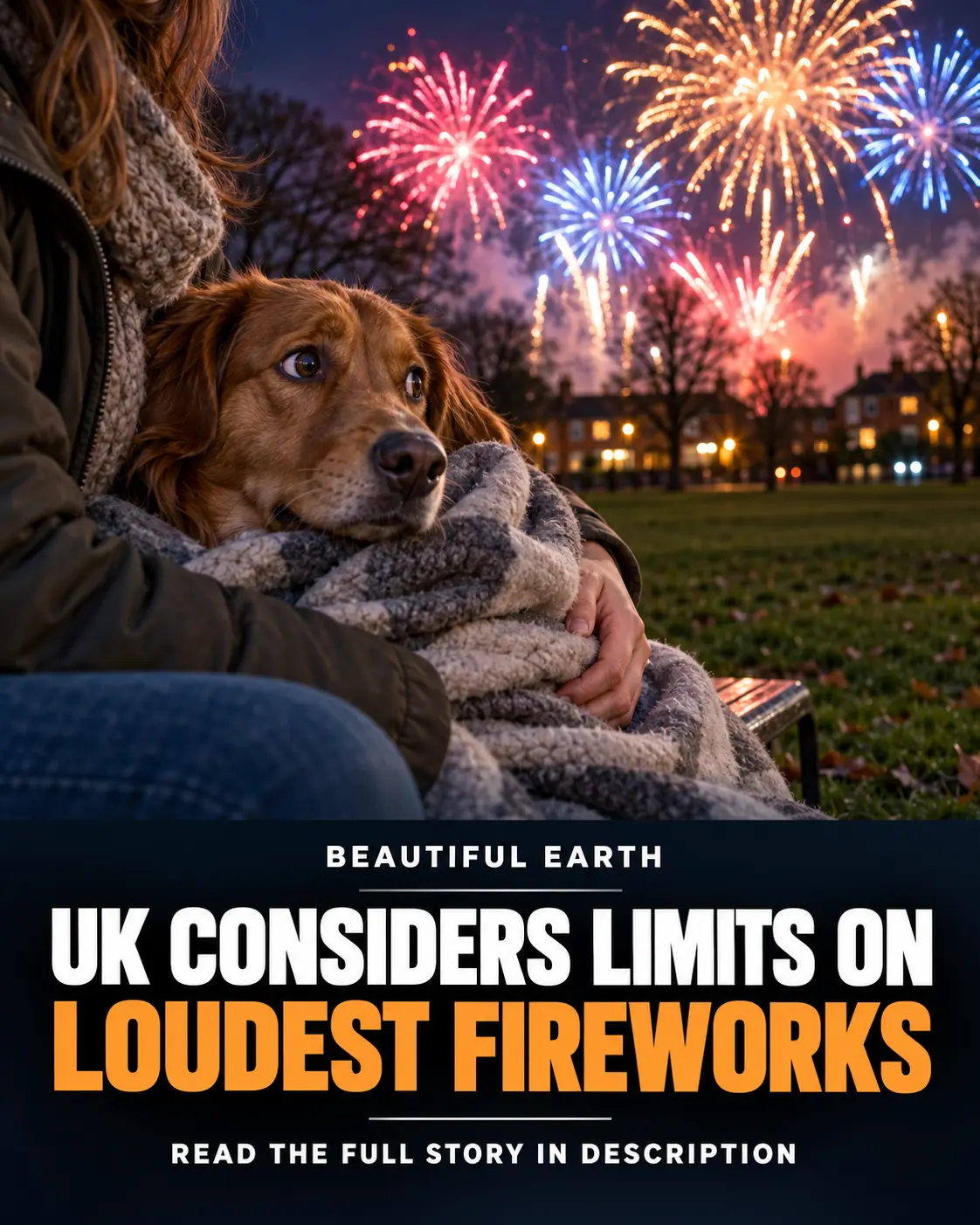 A frightened dog is comforted while fireworks burst over a British park