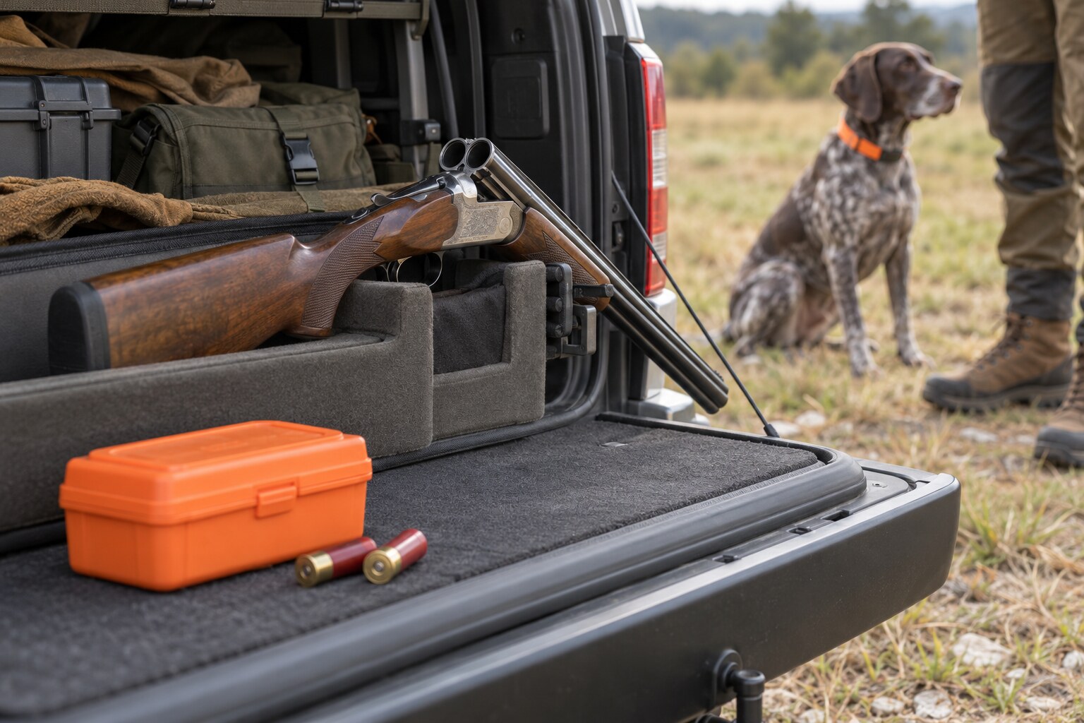 Editorial reconstruction of an open and unloaded shotgun secured near a vehicle while a dog stays at a safe distance