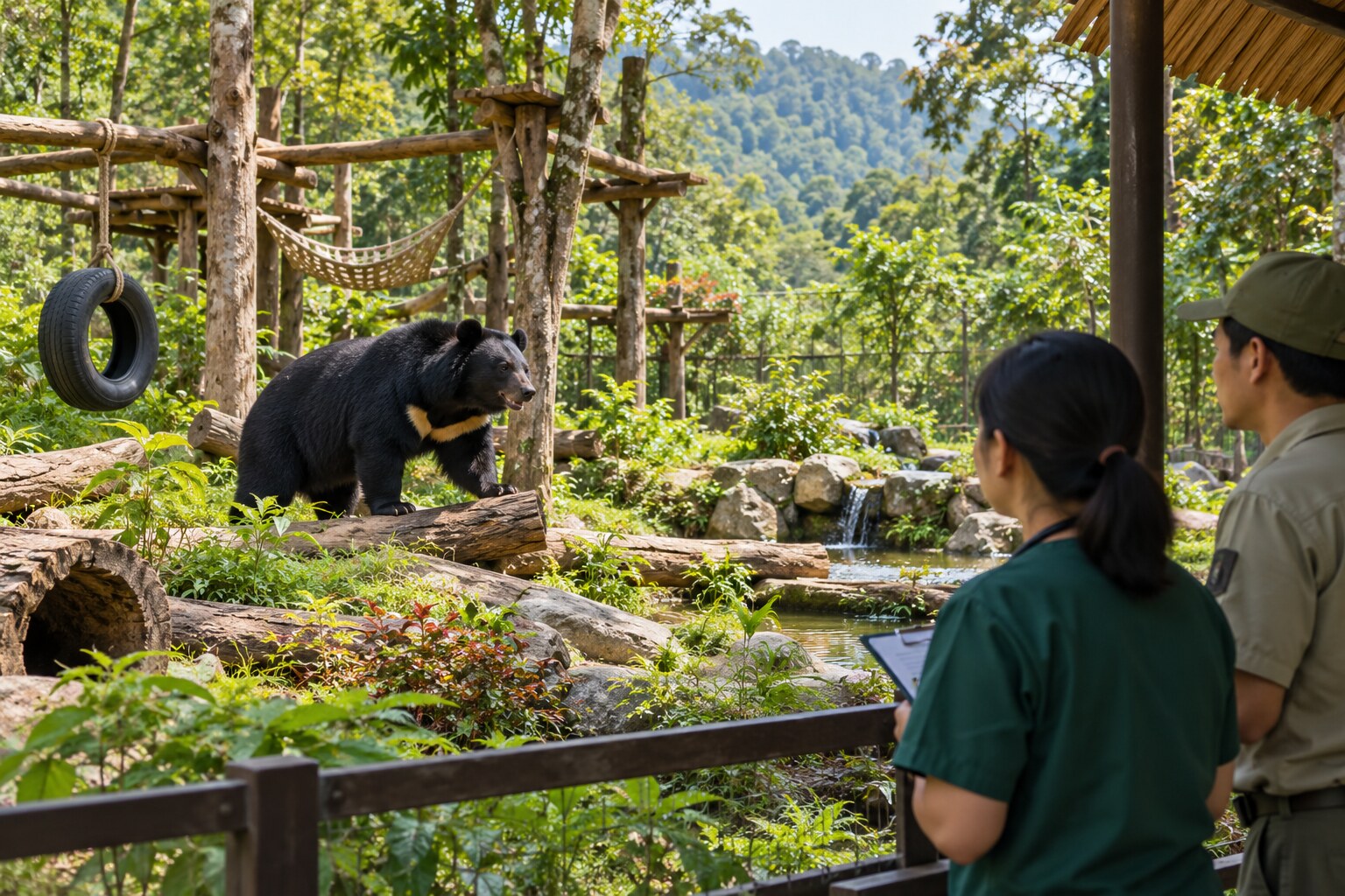 Editorial reconstruction of a rescued Asiatic black bear being observed by care staff at a sanctuary in Vietnam.