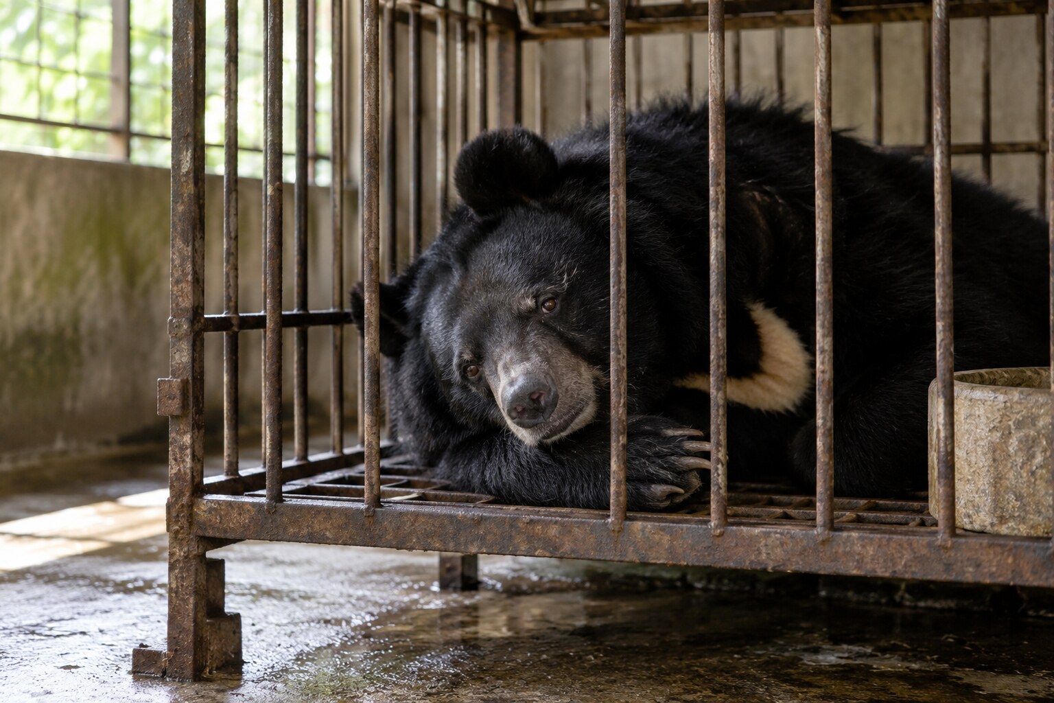 Editorial reconstruction of an Asiatic black bear resting inside a private bile-farm cage in Vietnam.