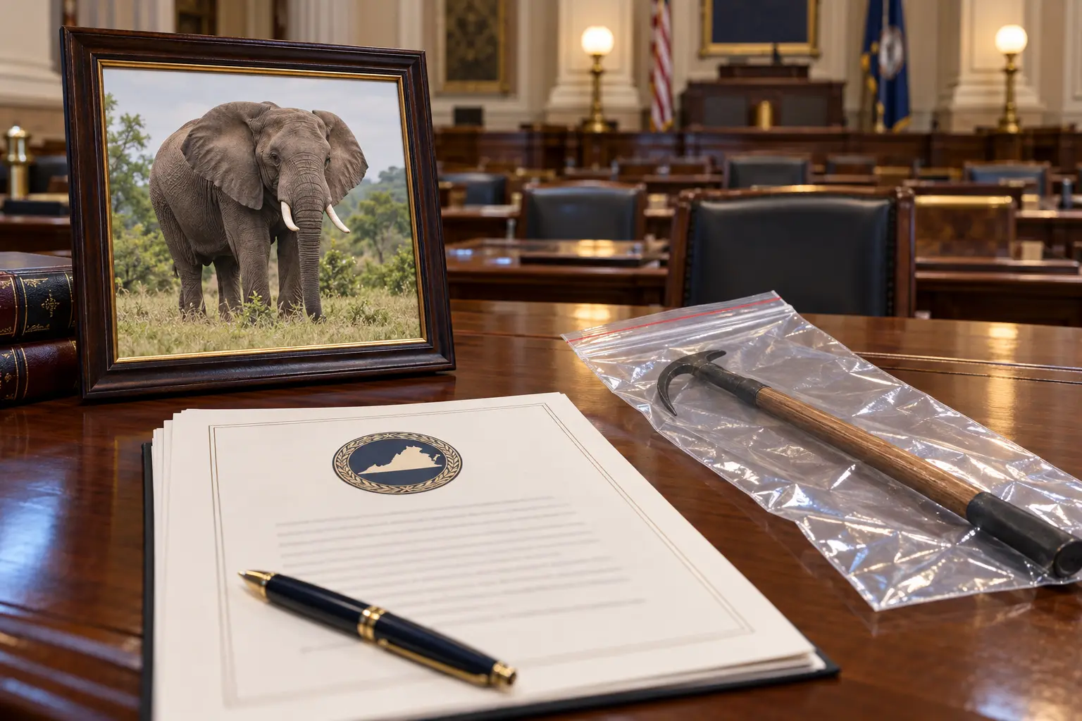 Virginia elephant welfare legislation represented beside a secured bullhook evidence bag