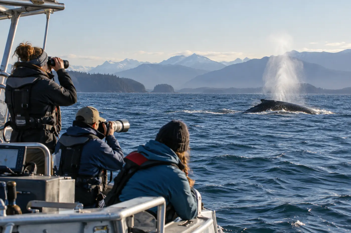 Observers monitoring a humpback whale at sea