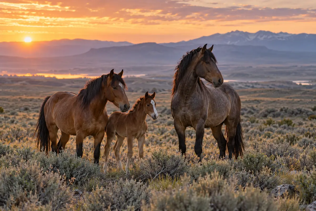 A mare, stallion and foal standing on western sagebrush rangeland