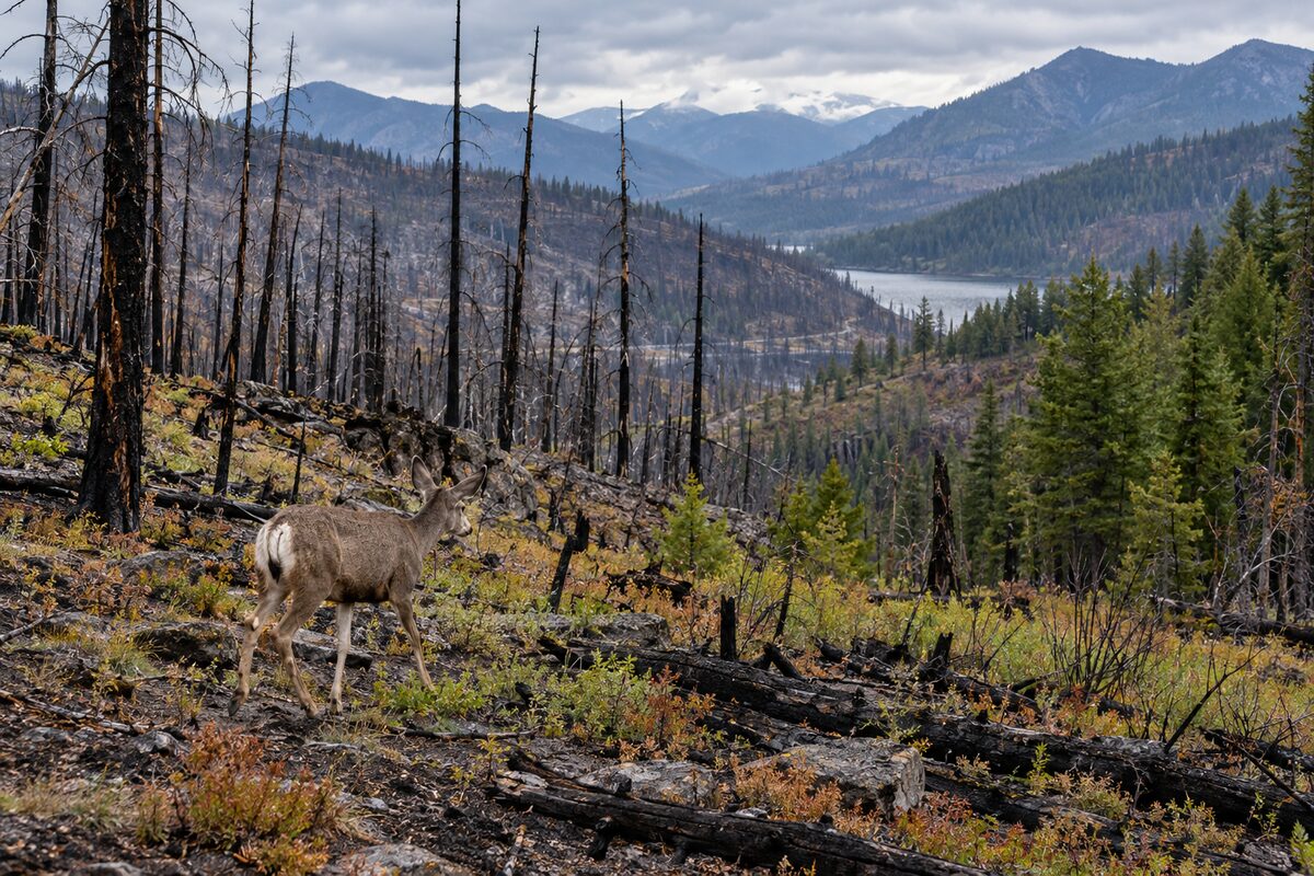 Mule deer walking through a western landscape with burned and unburned forest patches.