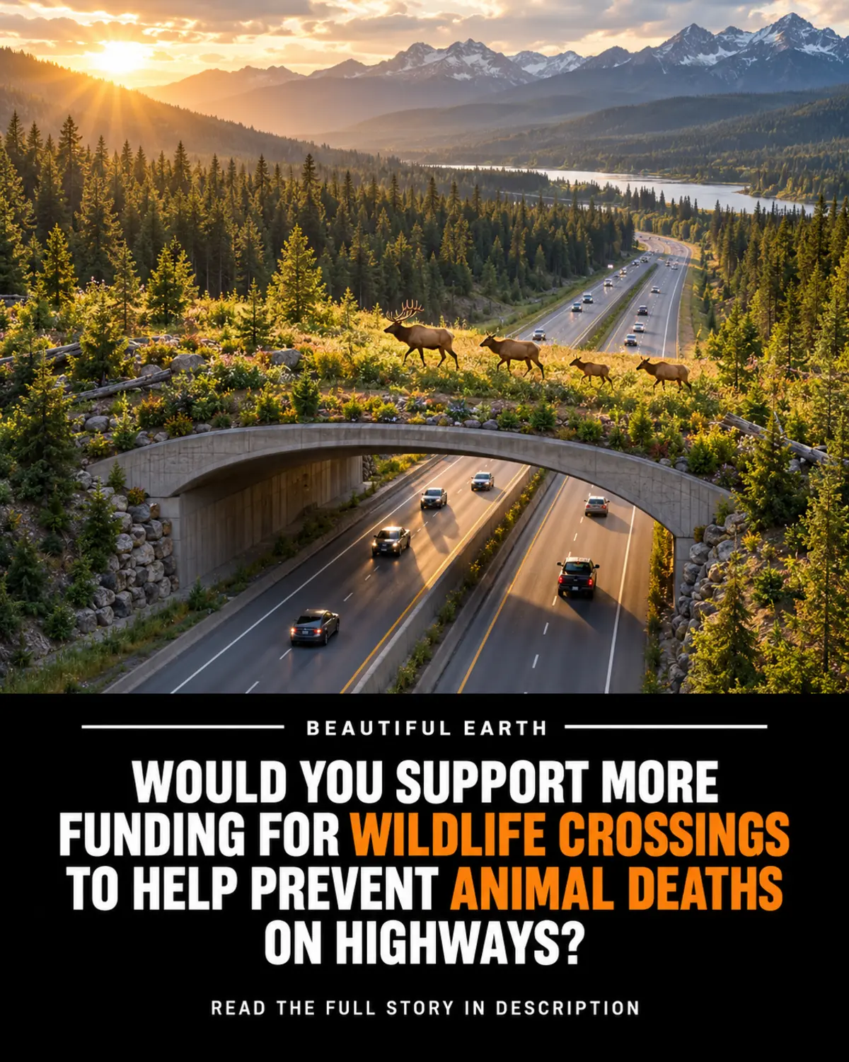Elk crossing a vegetated wildlife overpass above a highway