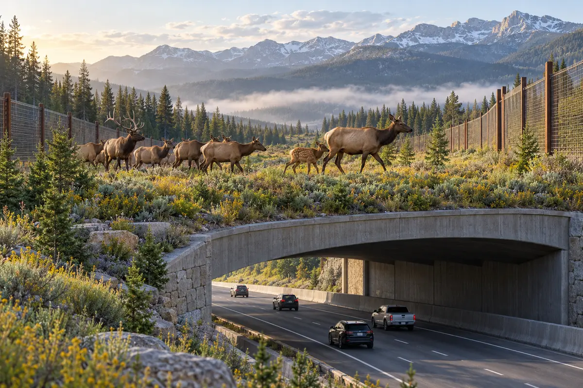 A herd of elk safely uses a fenced wildlife overpass above a highway