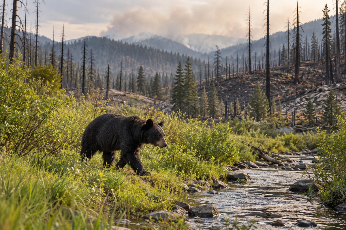Educational reconstruction of a black bear walking beside an intact stream corridor near a burned forest.