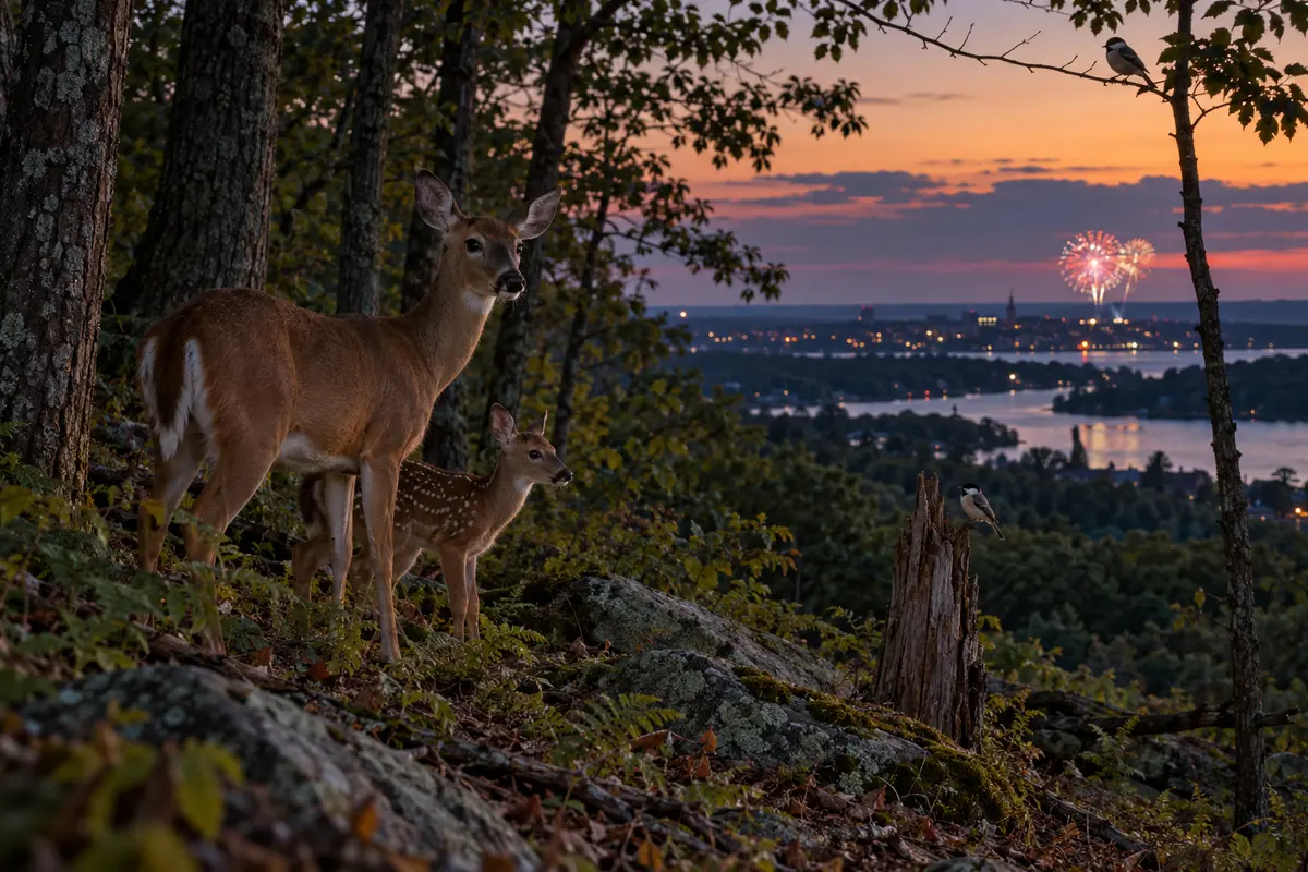 White-tailed deer and birds in woodland with distant fireworks over a town